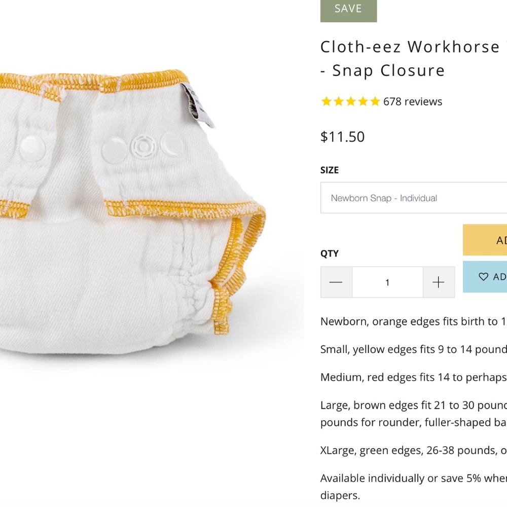 4 Newborn Fitted Diapers w/Snaps - Cotton